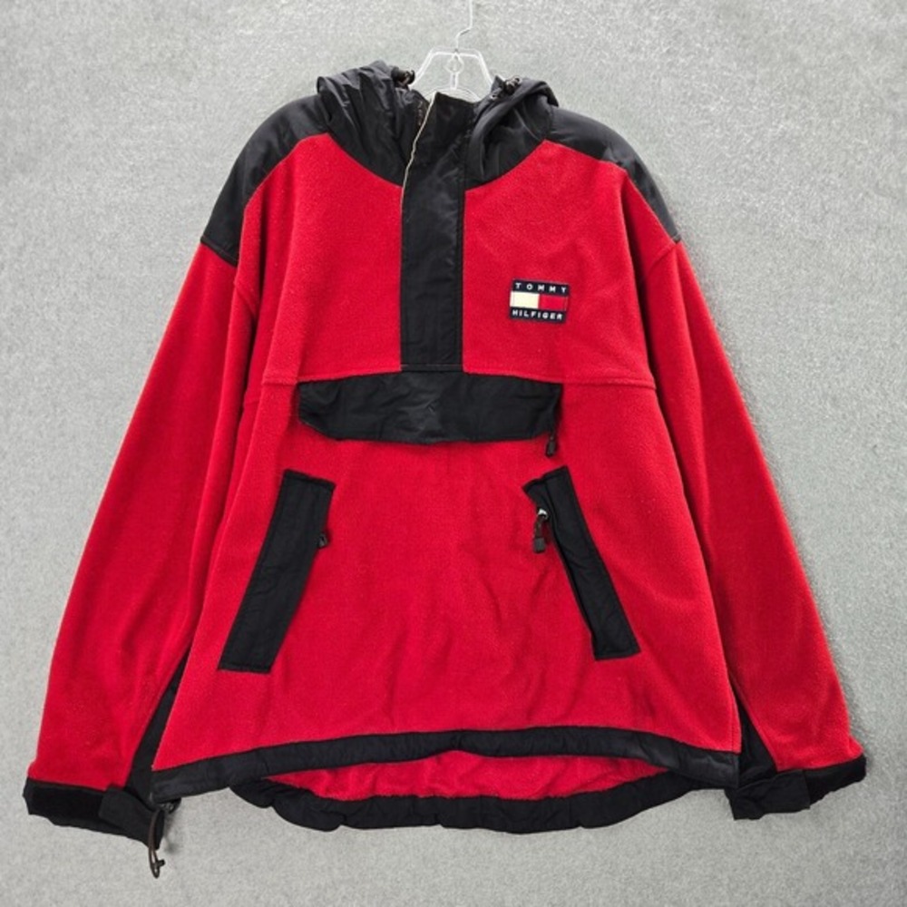 VINTAGE Tommy Hilfiger Men Anorak Jacket Large Red Colorblock 1/2 Zip Pockets